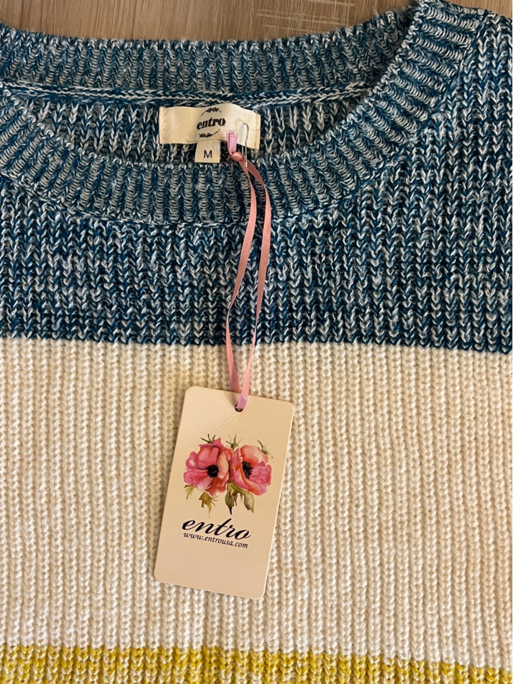 entro Multicolor Striped Crewneck Sweater in Blue, White, Yellow & Pink